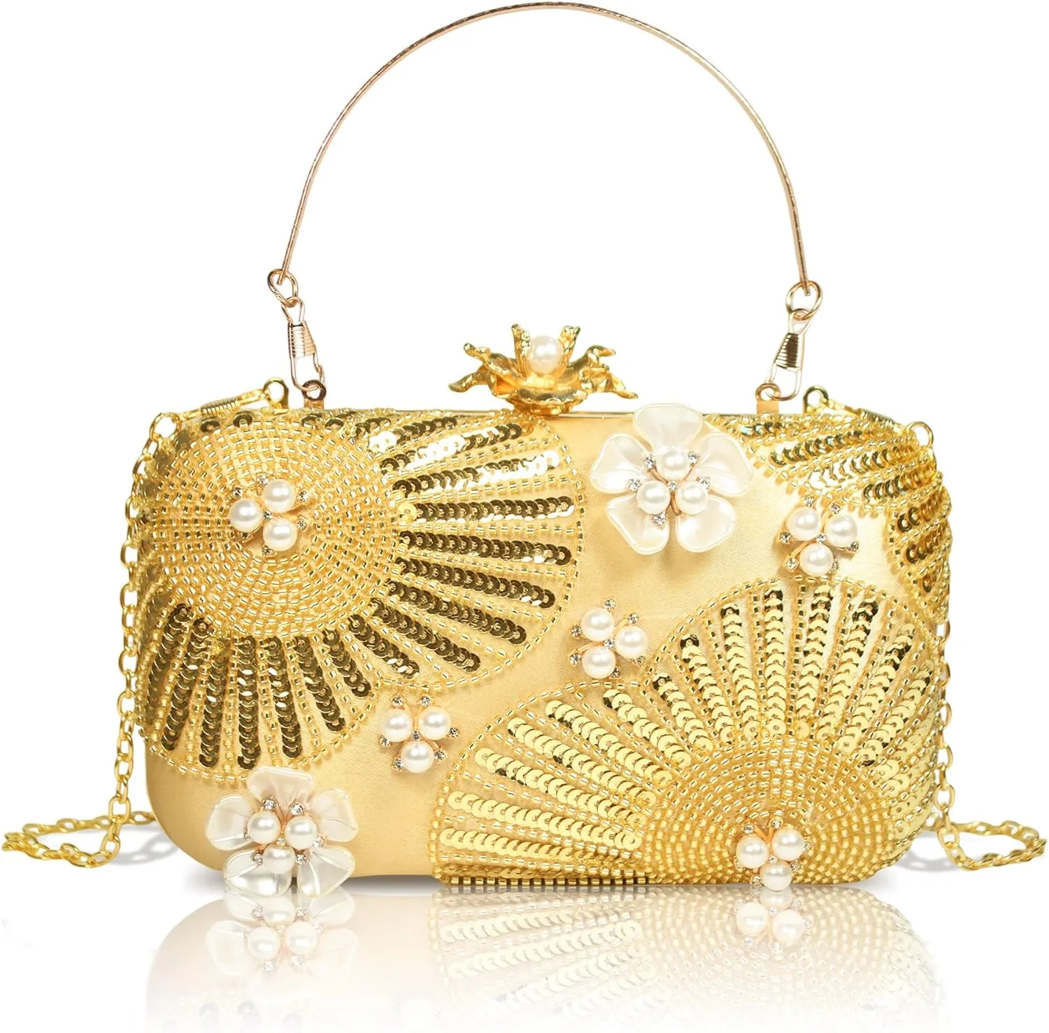 Women Pearls Beaded Clutch Flower Sequins Evening Handbag Chain Strap Shoulder Bag