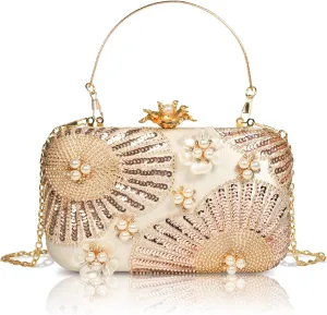 Women Pearls Beaded Clutch Flower Sequins Evening Handbag Chain Strap Shoulder Bag