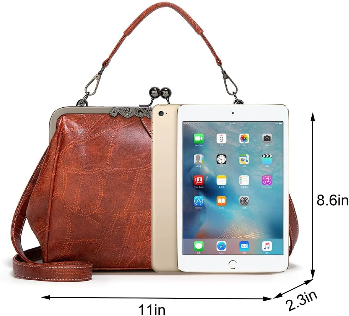Women Retro Hollow Oil Wax PU Leather Handbag Multiple Collocations Handbags Kiss Lock Messenger Bag