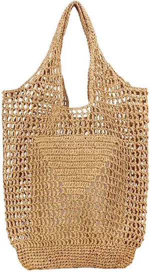 Women Straw Woven Tote Bag, Mesh Hollow Woven Beach Bag, Large Travel Shoulder Handbags Hobo Bag (Brown)