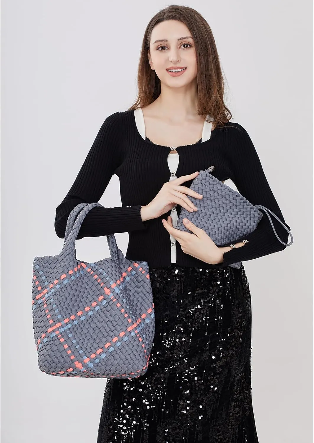 Women Tote Bag Large Neoprene Tote Bag Fashion Woven Bag Neoprene Tote Handbag Roomy Shoulder Bags for Beach, Gym