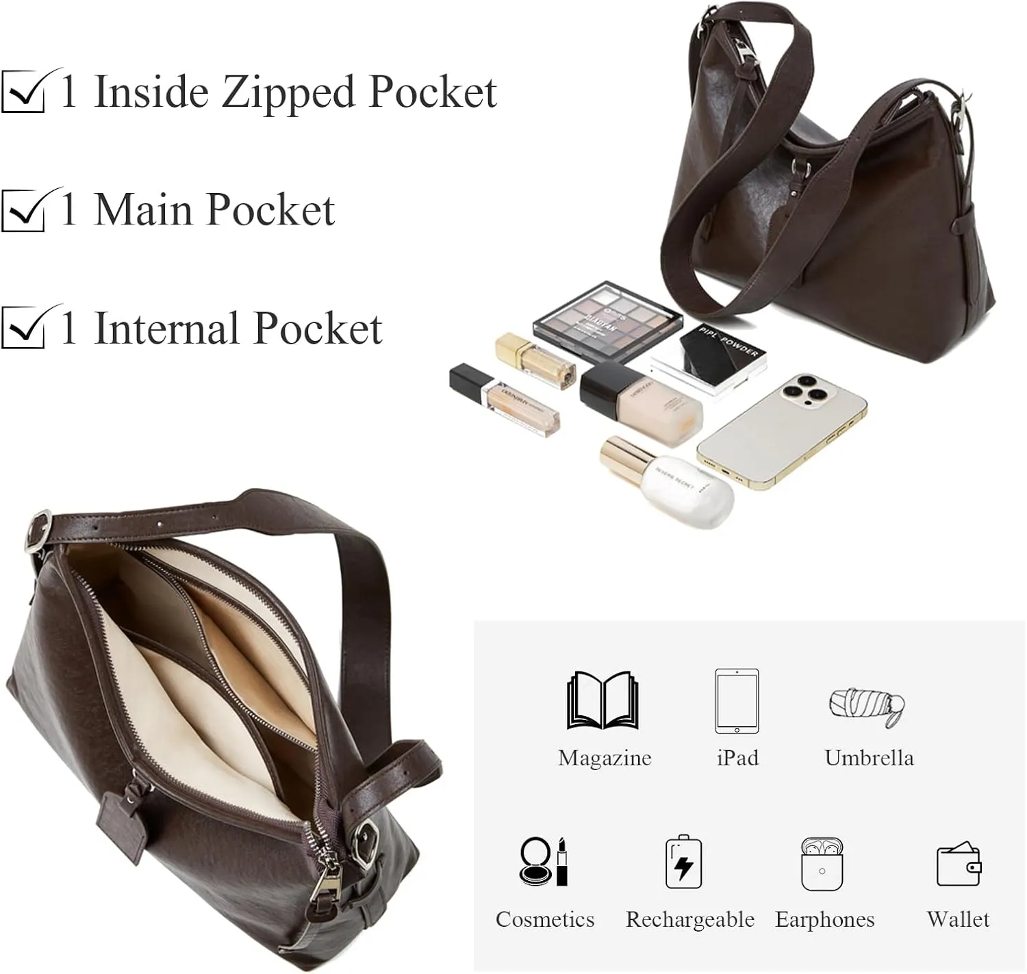 Women Tote Handbags, Genuine Leather Hobo Purses Medium Shoulder Purses with a Adjustable Strap.