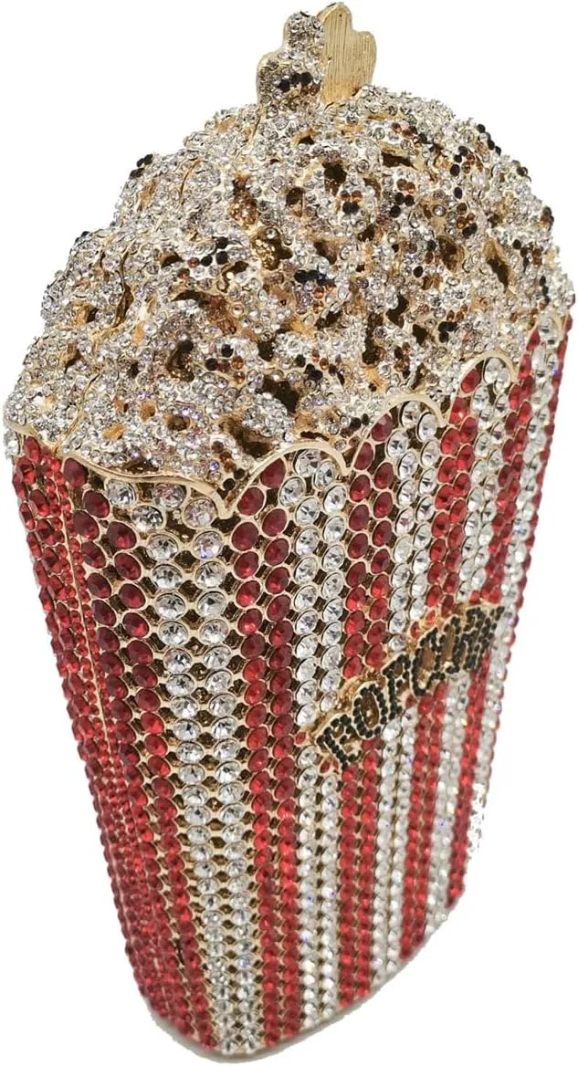 Women Unique Popcorn Crystal Evening Bag Novelty Rhinestone Clutch Purse for Dinner Cinema Halloween