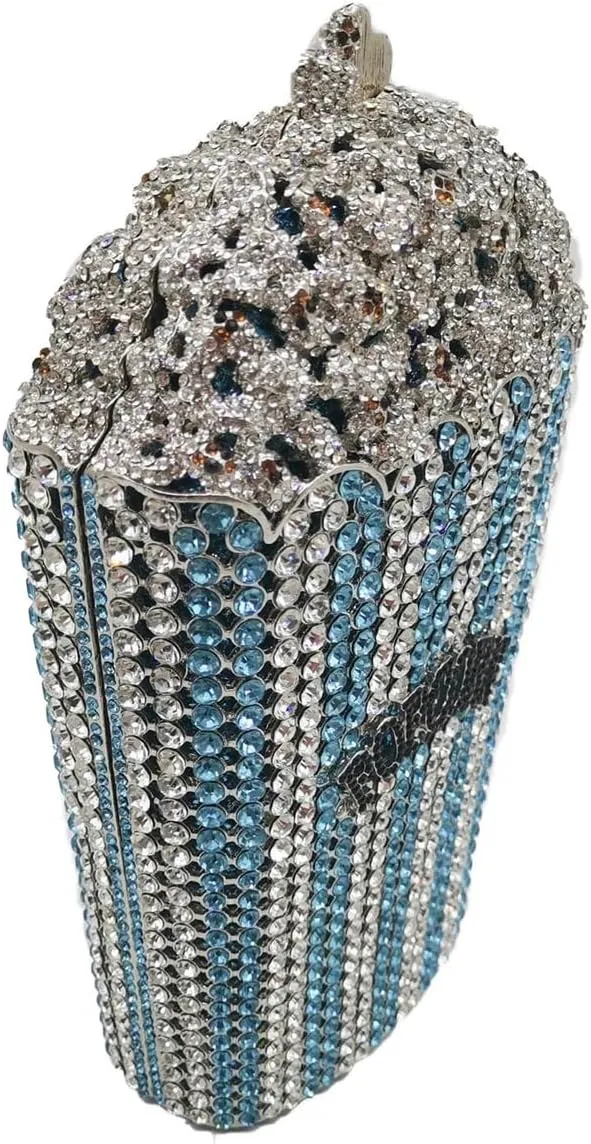 Women Unique Popcorn Crystal Evening Bag Novelty Rhinestone Clutch Purse for Dinner Cinema Halloween