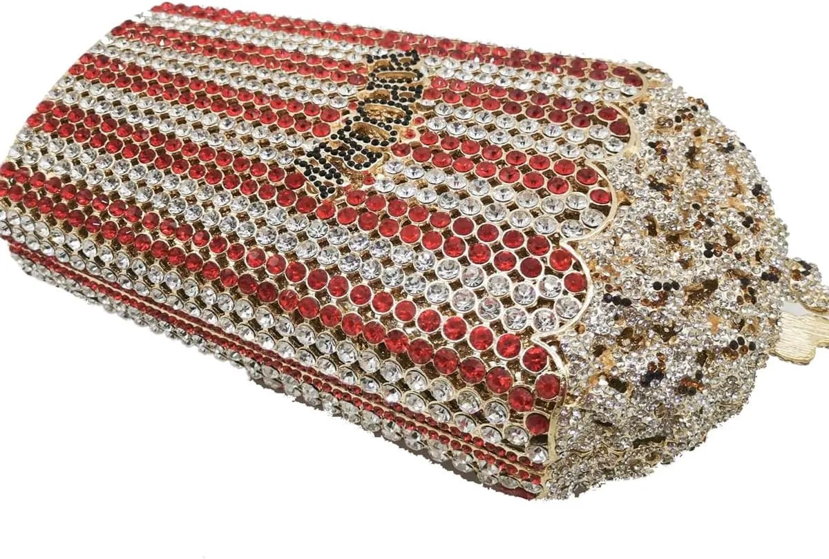 Women Unique Popcorn Crystal Evening Bag Novelty Rhinestone Clutch Purse for Dinner Cinema Halloween