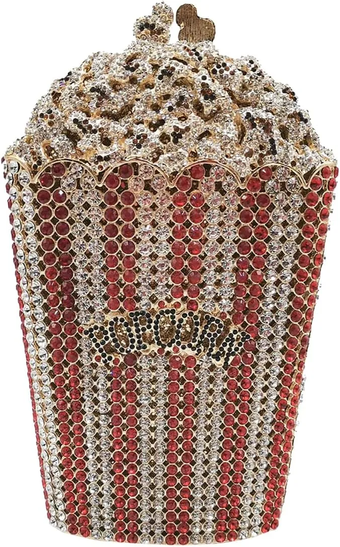 Women Unique Popcorn Crystal Evening Bag Novelty Rhinestone Clutch Purse for Dinner Cinema Halloween