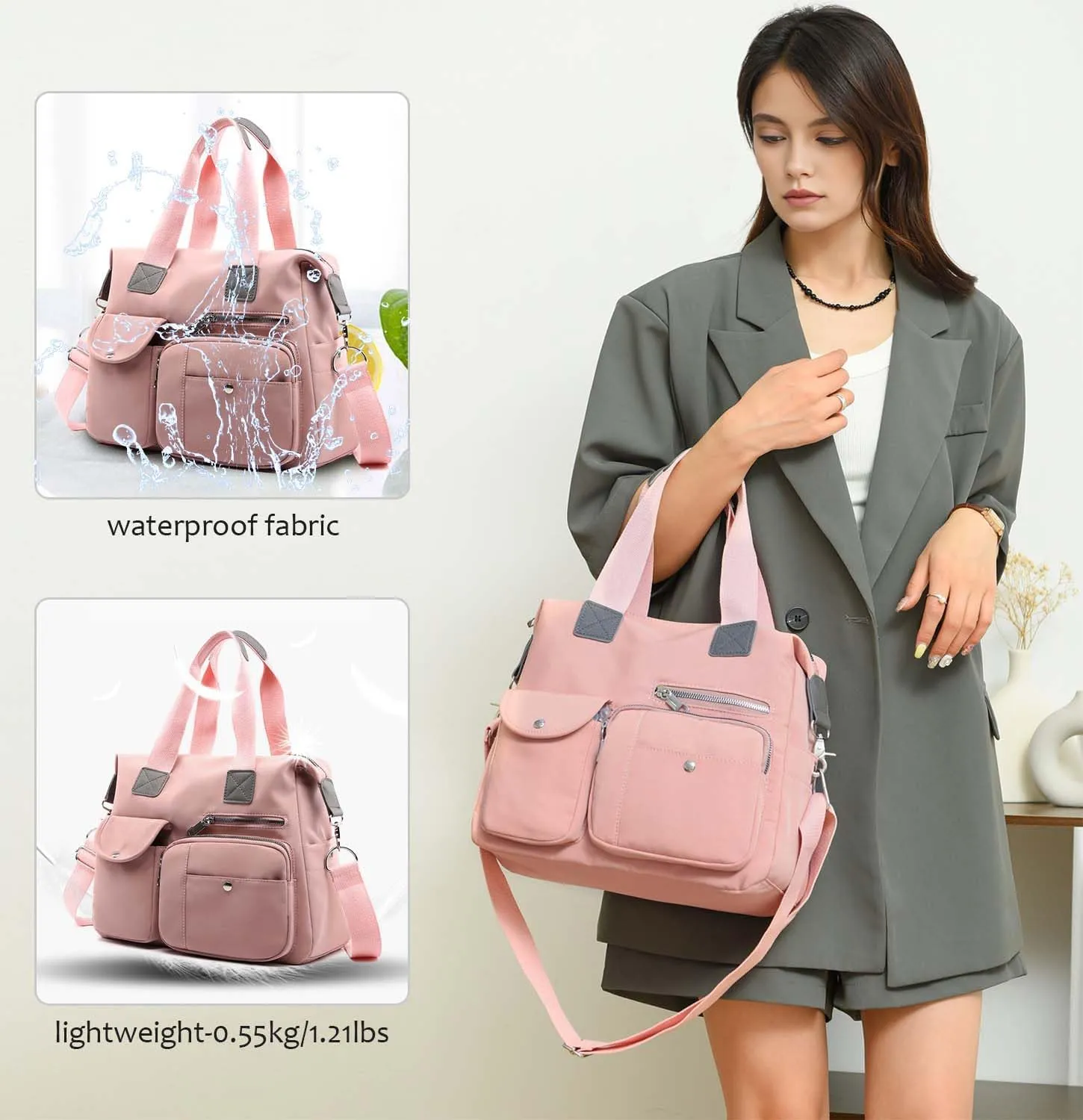 Women Utility Tote Bag Teacher Purses and Handbags for Nurse Waterproof Nylon Multi Pocket Shoulder Bag Work Tote Bag