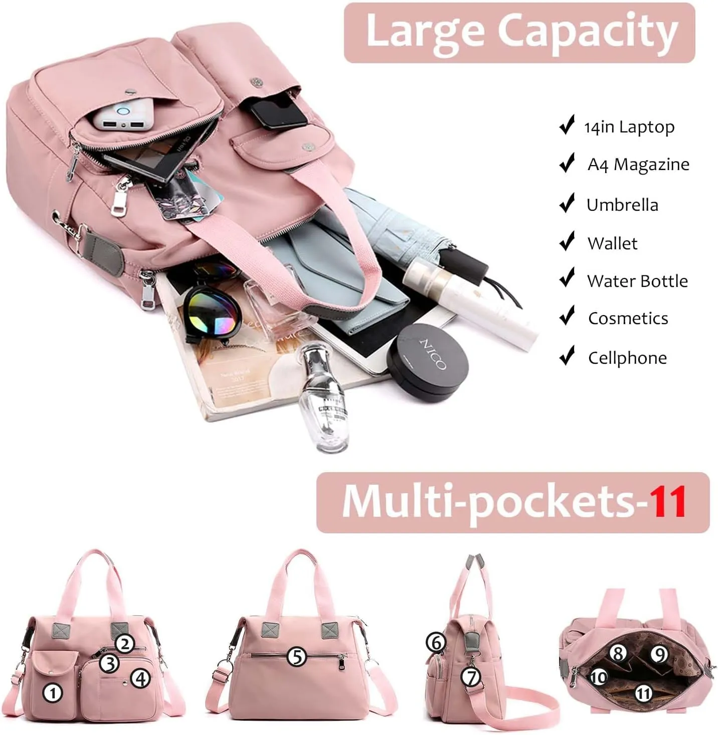 Women Utility Tote Bag Teacher Purses and Handbags for Nurse Waterproof Nylon Multi Pocket Shoulder Bag Work Tote Bag