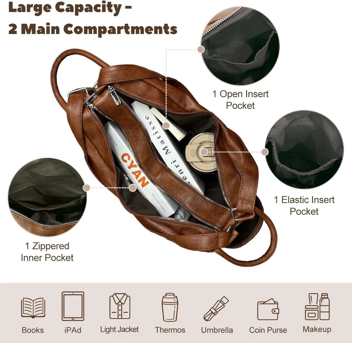Womens Backpack Purse Leather Anti-theft Large Fashion Designer Travel Bag Ladies Convertible Shoulder Bags Chest Waist Bag with Tassel Soft Waterproof Tote Handbag for Work Hiking Daily Use Brown