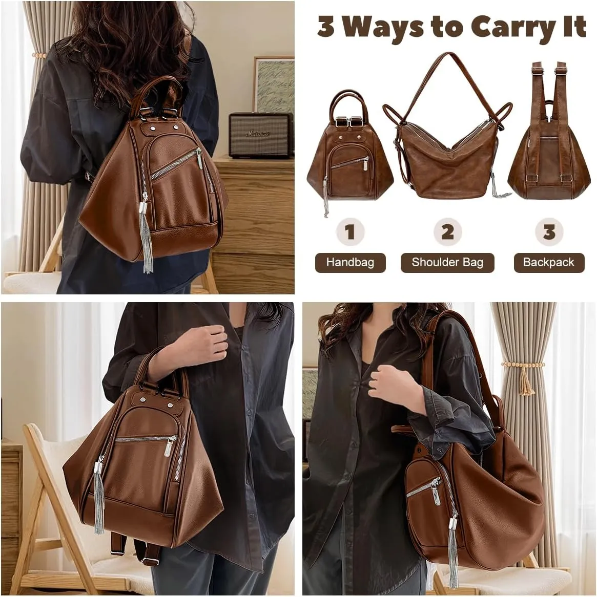Womens Backpack Purse Leather Anti-theft Large Fashion Designer Travel Bag Ladies Convertible Shoulder Bags Chest Waist Bag with Tassel Soft Waterproof Tote Handbag for Work Hiking Daily Use Brown