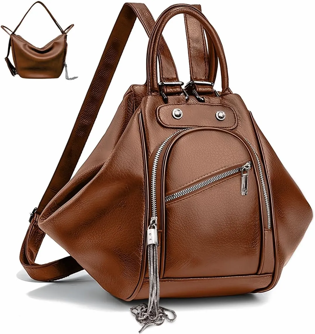Womens Backpack Purse Leather Anti-theft Large Fashion Designer Travel Bag Ladies Convertible Shoulder Bags Chest Waist Bag with Tassel Soft Waterproof Tote Handbag for Work Hiking Daily Use Brown
