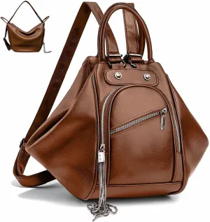 Womens Backpack Purse Leather Anti-theft Large Fashion Designer Travel Bag Ladies Convertible Shoulder Bags Chest Waist Bag with Tassel Soft Waterproof Tote Handbag for Work Hiking Daily Use Brown