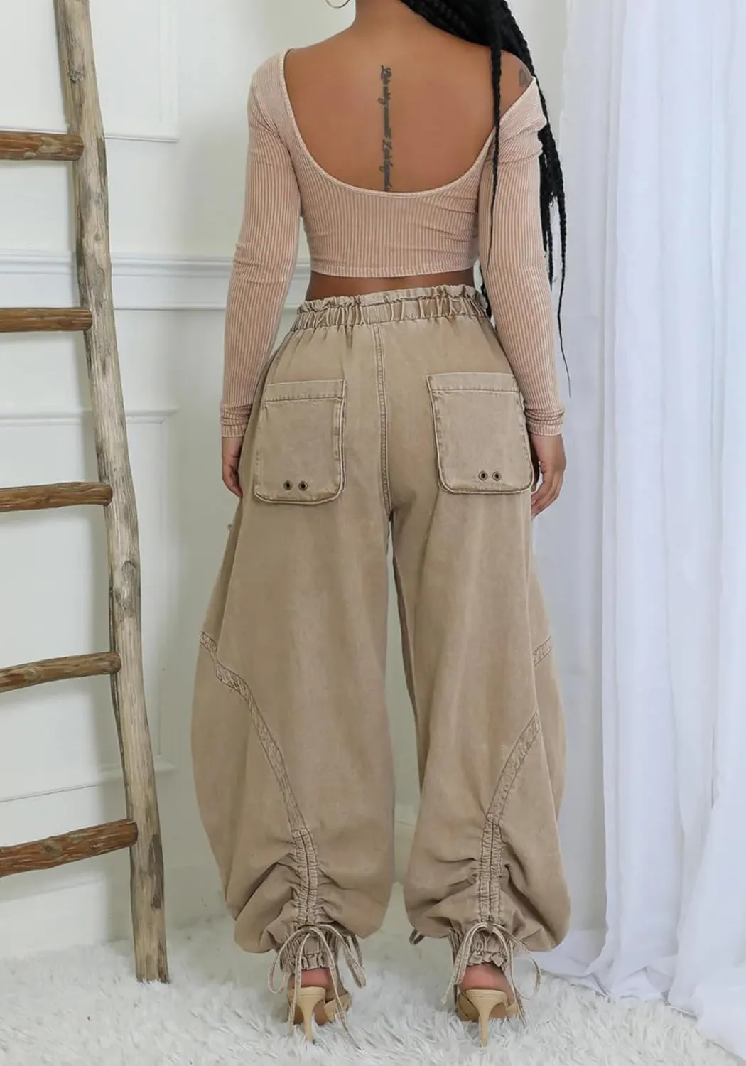 Women's Barrel Jeans Boyfriend High Waisted Baggy Jeans Bow Tie Cargo Sweatpants with Drawstring Streetwear