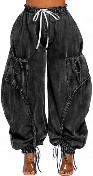 Women's Barrel Jeans Boyfriend High Waisted Baggy Jeans Bow Tie Cargo Sweatpants with Drawstring Streetwear