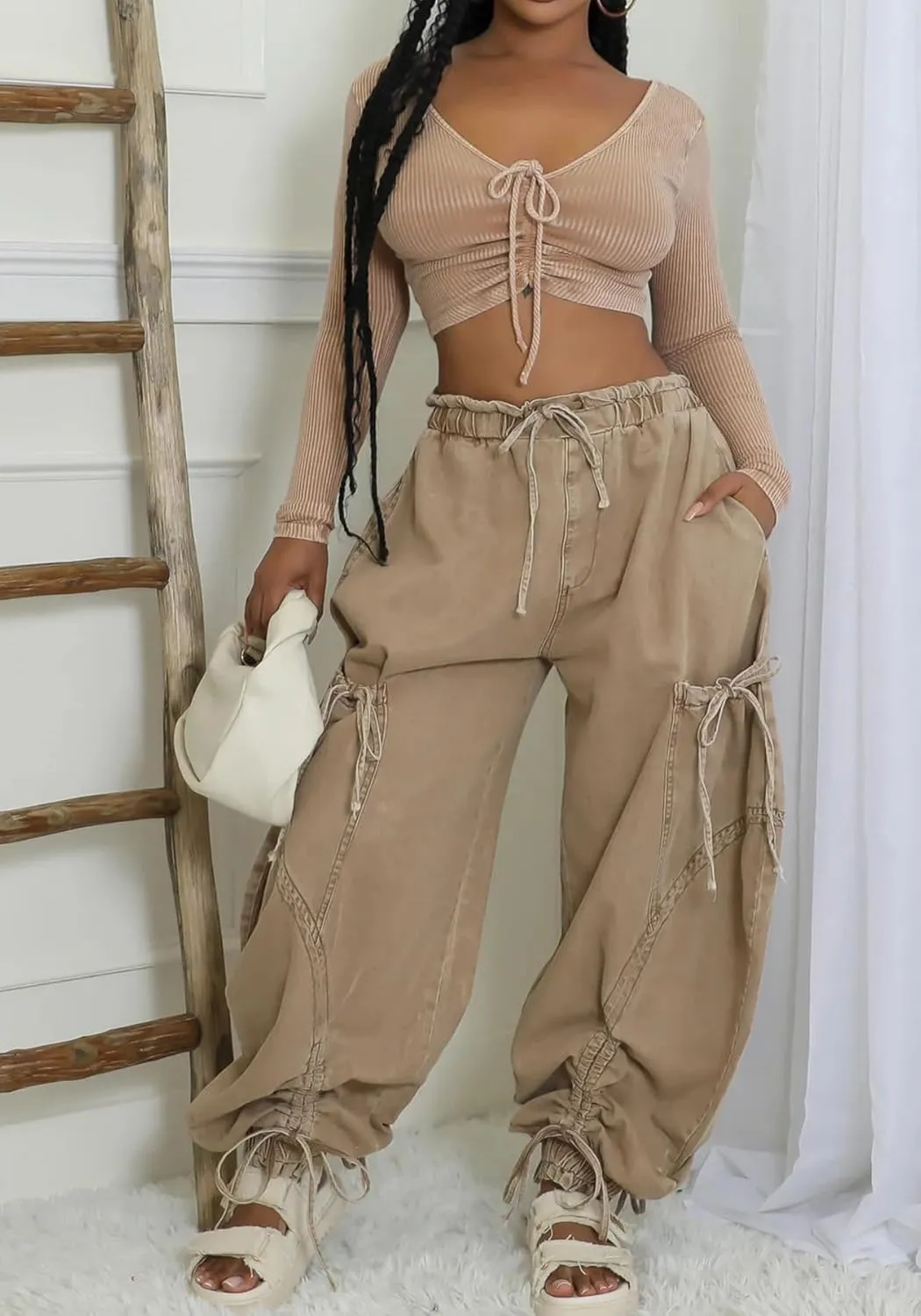 Women's Barrel Jeans Boyfriend High Waisted Baggy Jeans Bow Tie Cargo Sweatpants with Drawstring Streetwear