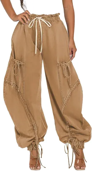 Women's Barrel Jeans Boyfriend High Waisted Baggy Jeans Bow Tie Cargo Sweatpants with Drawstring Streetwear