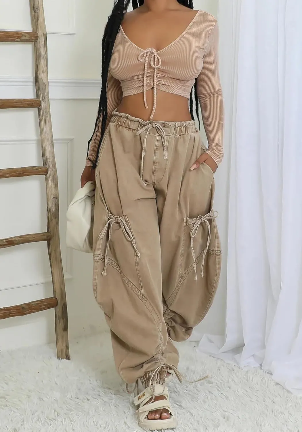 Women's Barrel Jeans Boyfriend High Waisted Baggy Jeans Bow Tie Cargo Sweatpants with Drawstring Streetwear