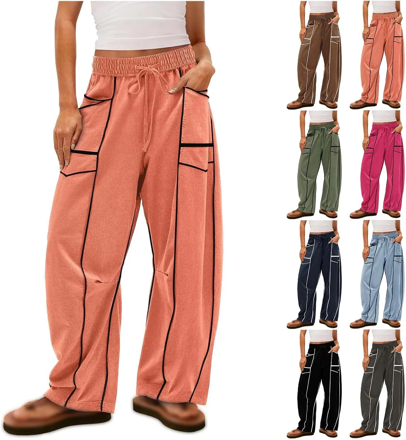 Womens Barrel Sweatpants Casual Summer Elastic High Waisted Drawstring Wide Leg Palazzo Pants Cargo Pants
