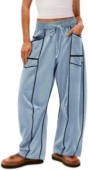 Womens Barrel Sweatpants Casual Summer Elastic High Waisted Drawstring Wide Leg Palazzo Pants Cargo Pants
