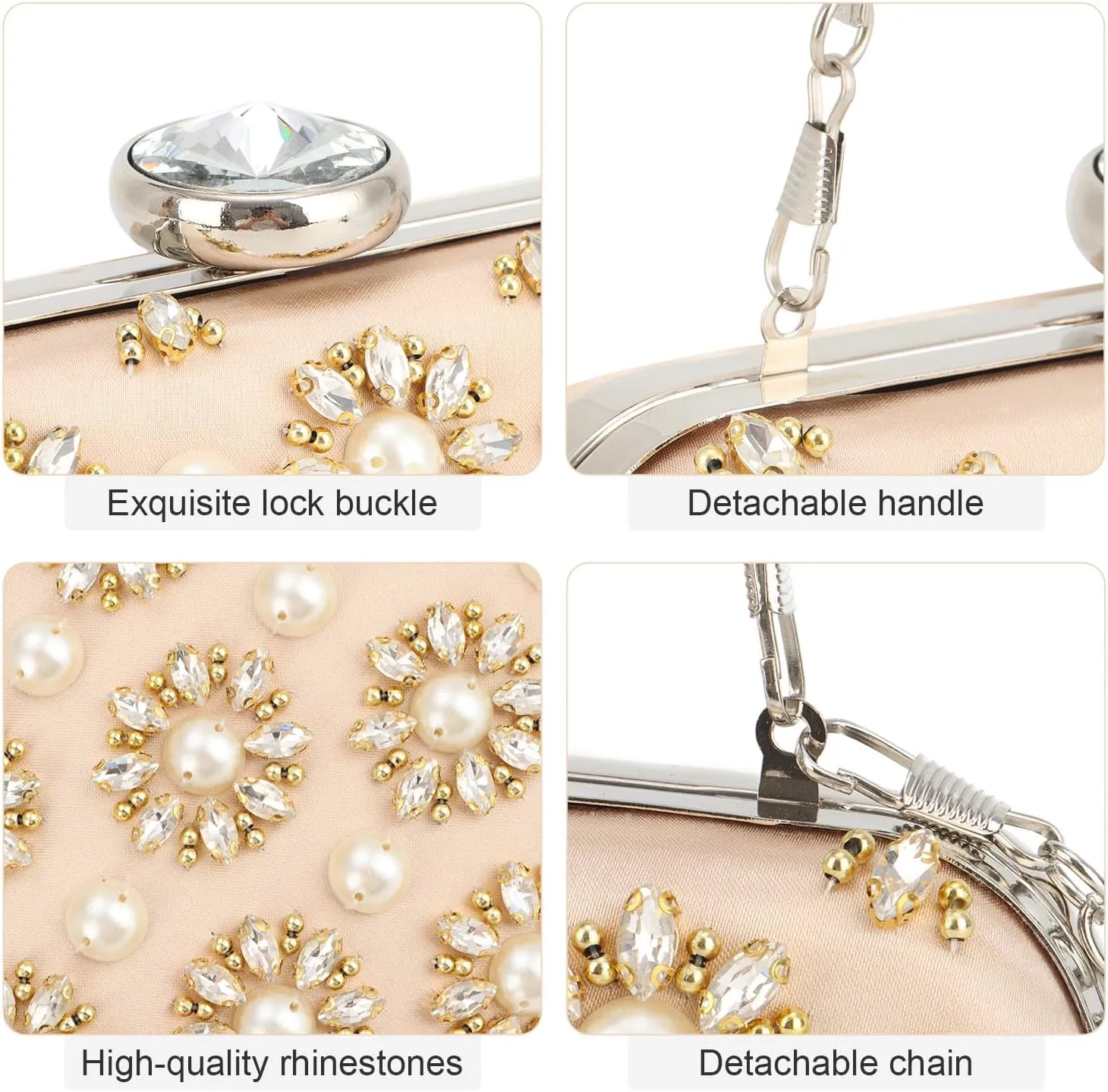 Women's Beaded Evening Clutch Purses Formal Rhinestone Evening Handbag with Chain for Wedding, Prom, Party