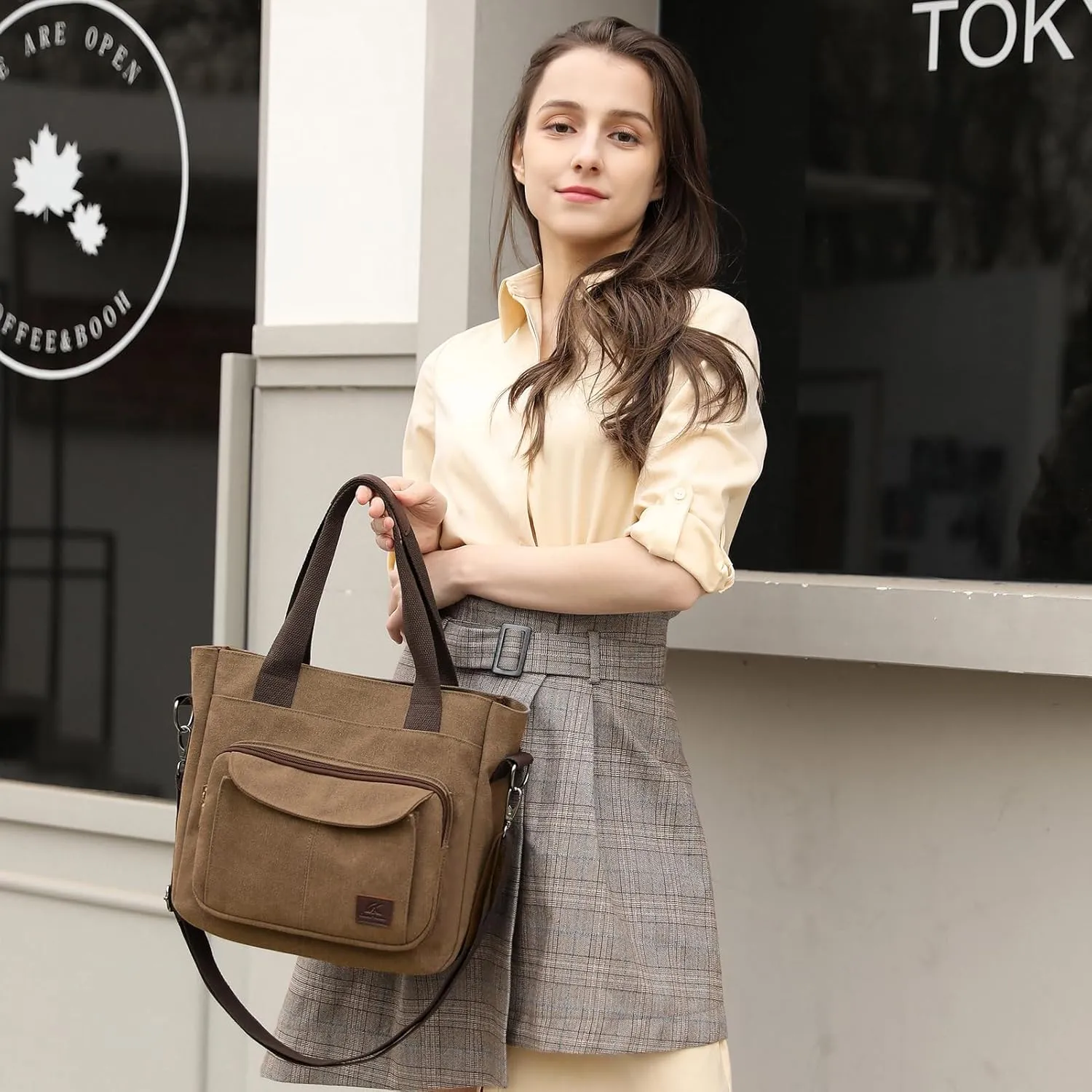 Women's Canvas Tote Purse Casual Shoulder Crossbody Bags Small Handbag, Multi-pocket Top Handle Work Bag