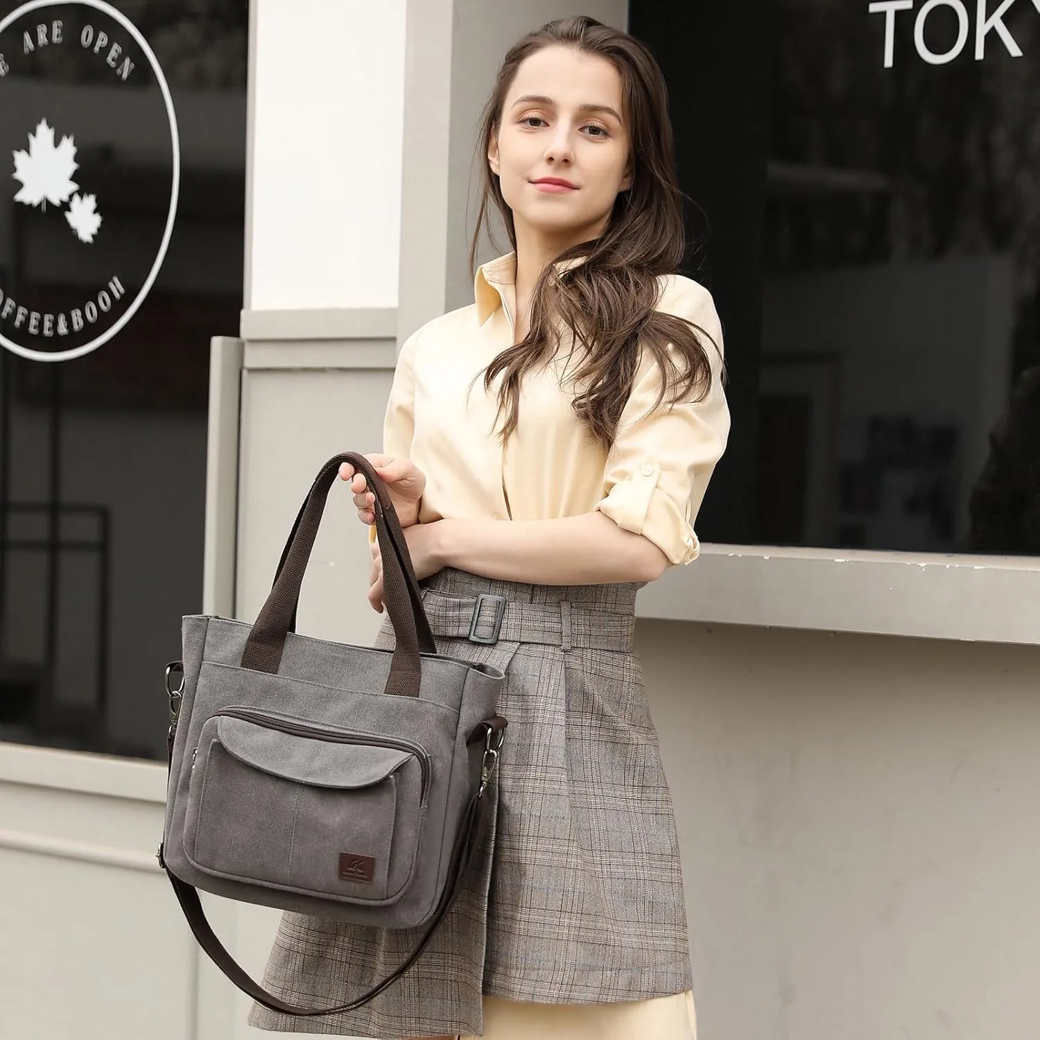 Women's Canvas Tote Purse Casual Shoulder Crossbody Bags Small Handbag, Multi-pocket Top Handle Work Bag