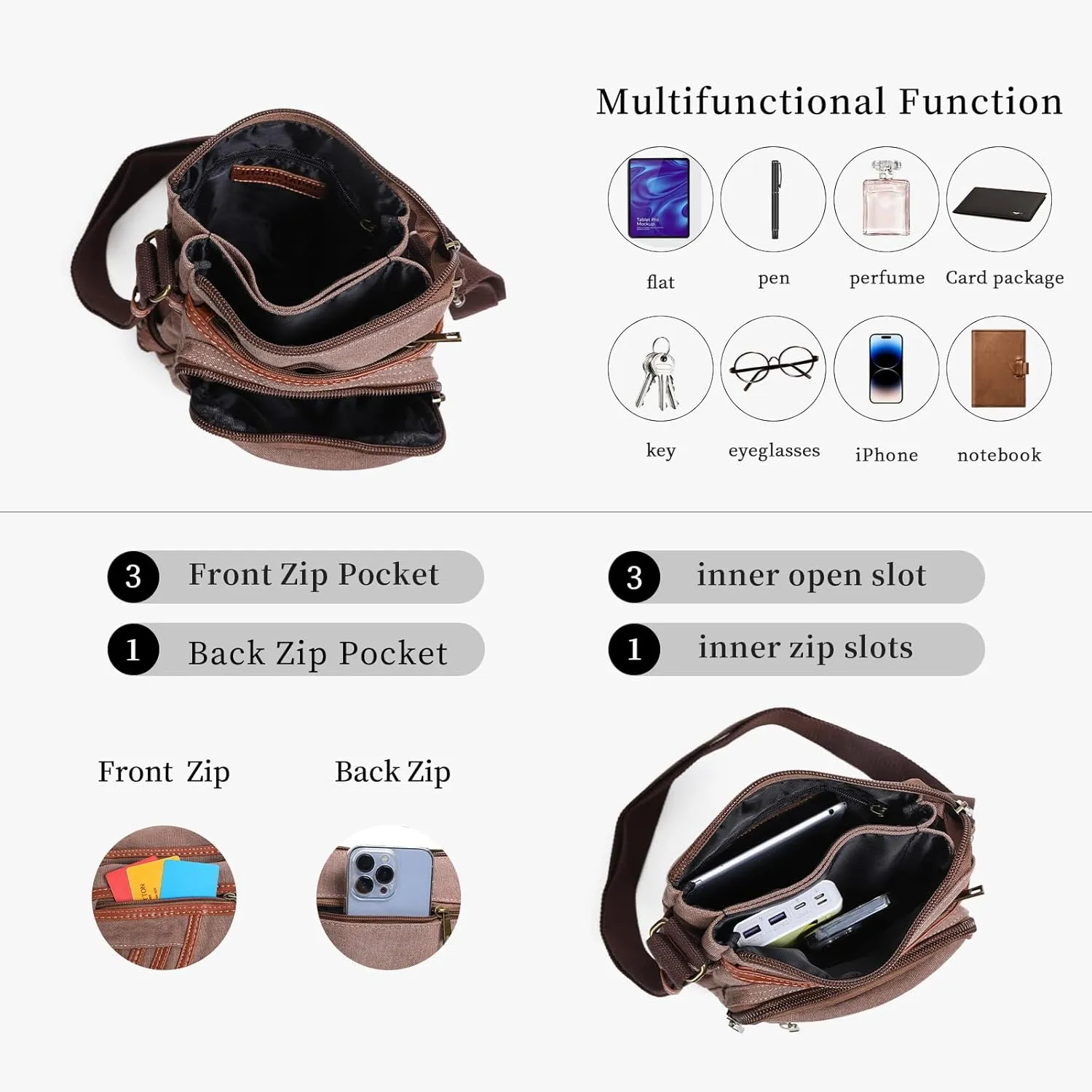 Women's Handbag Multi Pocket Shoulder Purse Water Resistant Wax Canvas Crossbody Vintage Style Messenger Bag