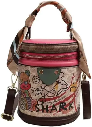 Women's handbag one-shoulder diagonal bucket bag fashion print bear fashion (Pink)