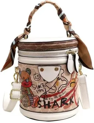 Women's handbag one-shoulder diagonal bucket bag fashion print bear fashion (white)