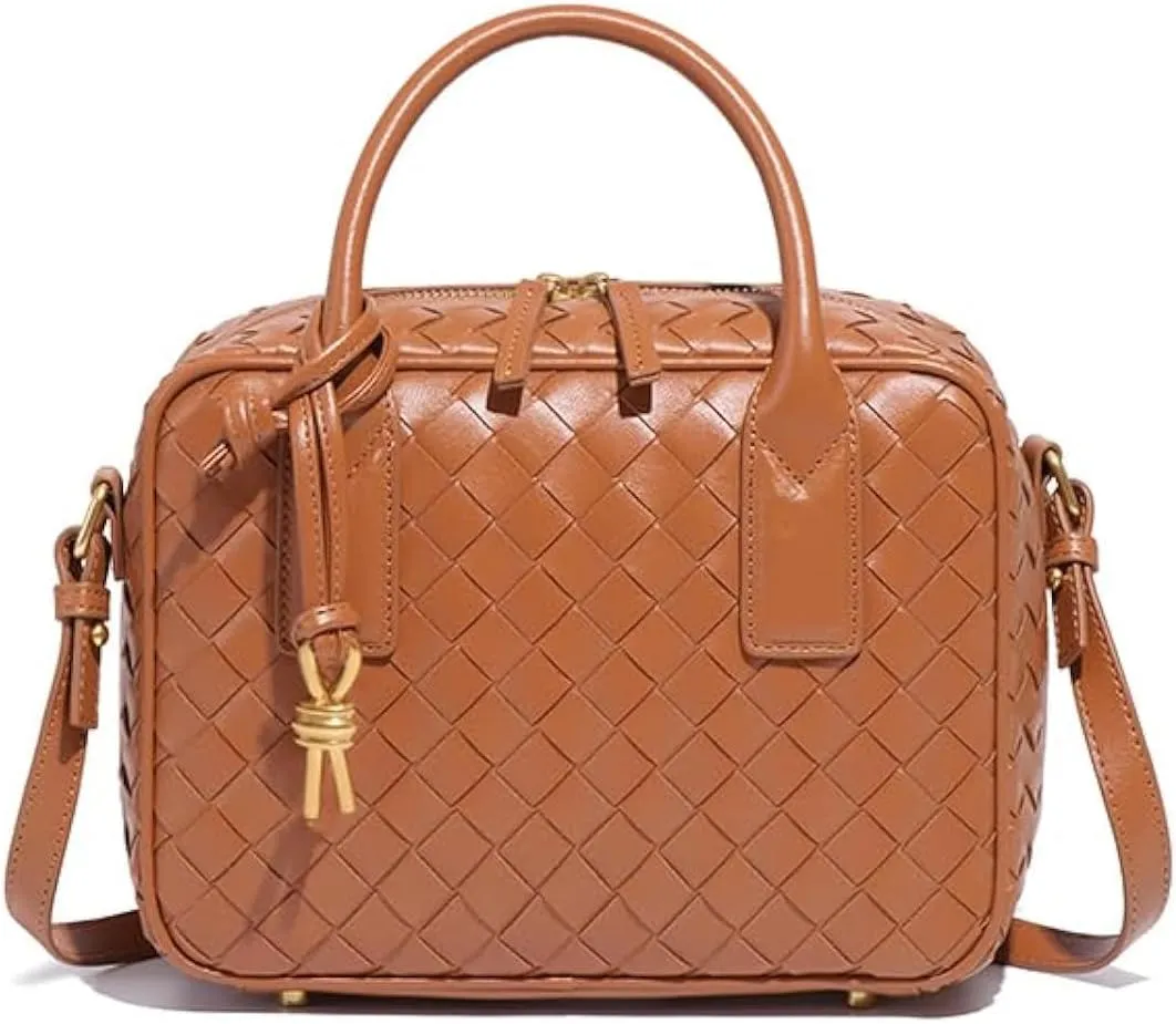 Women's Handmade Woven Top-handle Bag Fashion Leather Shoulder Handbag Crossbody Purse Woven Purse for Women