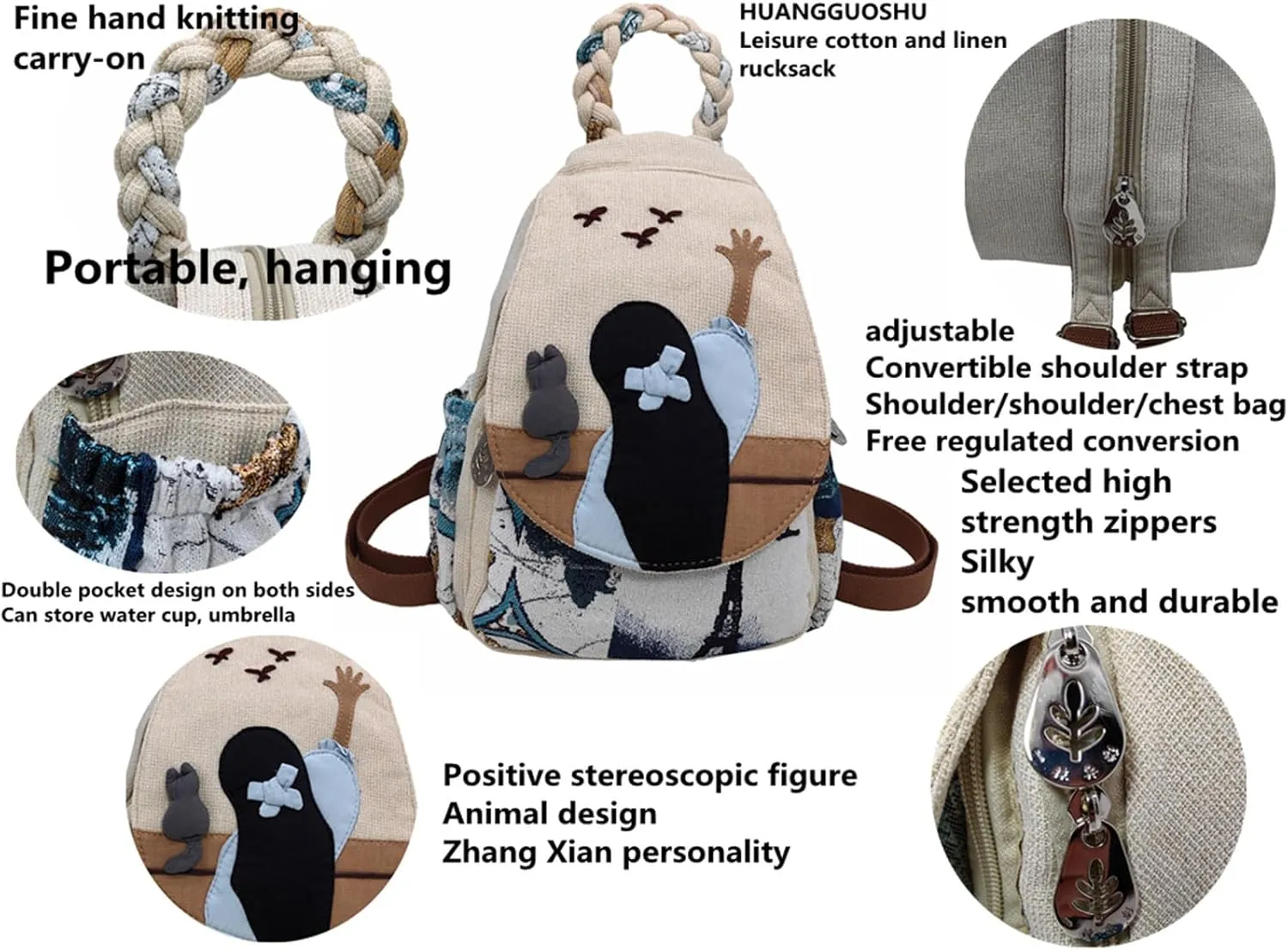 Womens Hippie Cotton Hemp Cloth Backpack Boho Vintage Embroidered Casual Purse