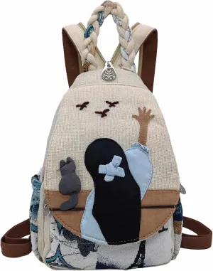 Womens Hippie Cotton Hemp Cloth Backpack Boho Vintage Embroidered Casual Purse