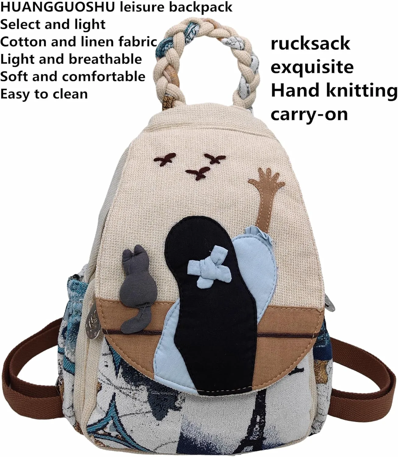 Womens Hippie Cotton Hemp Cloth Backpack Boho Vintage Embroidered Casual Purse