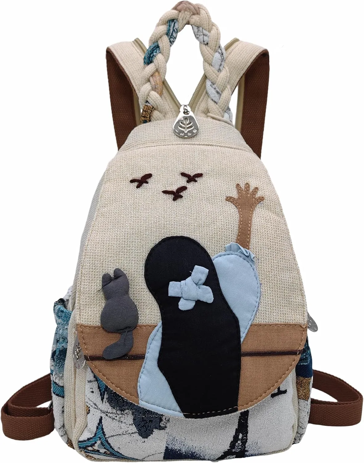 Womens Hippie Cotton Hemp Cloth Backpack Boho Vintage Embroidered Casual Purse