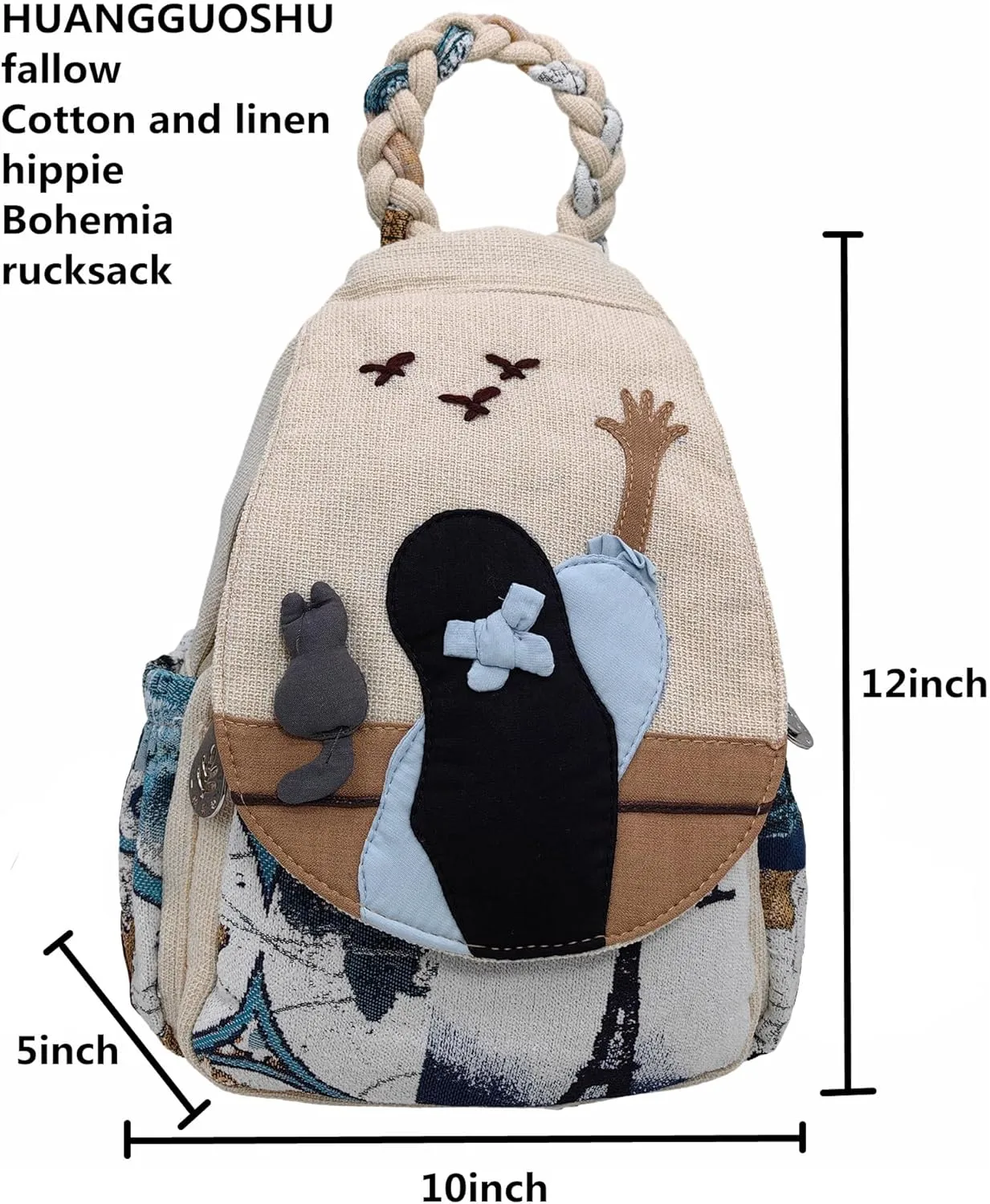 Womens Hippie Cotton Hemp Cloth Backpack Boho Vintage Embroidered Casual Purse