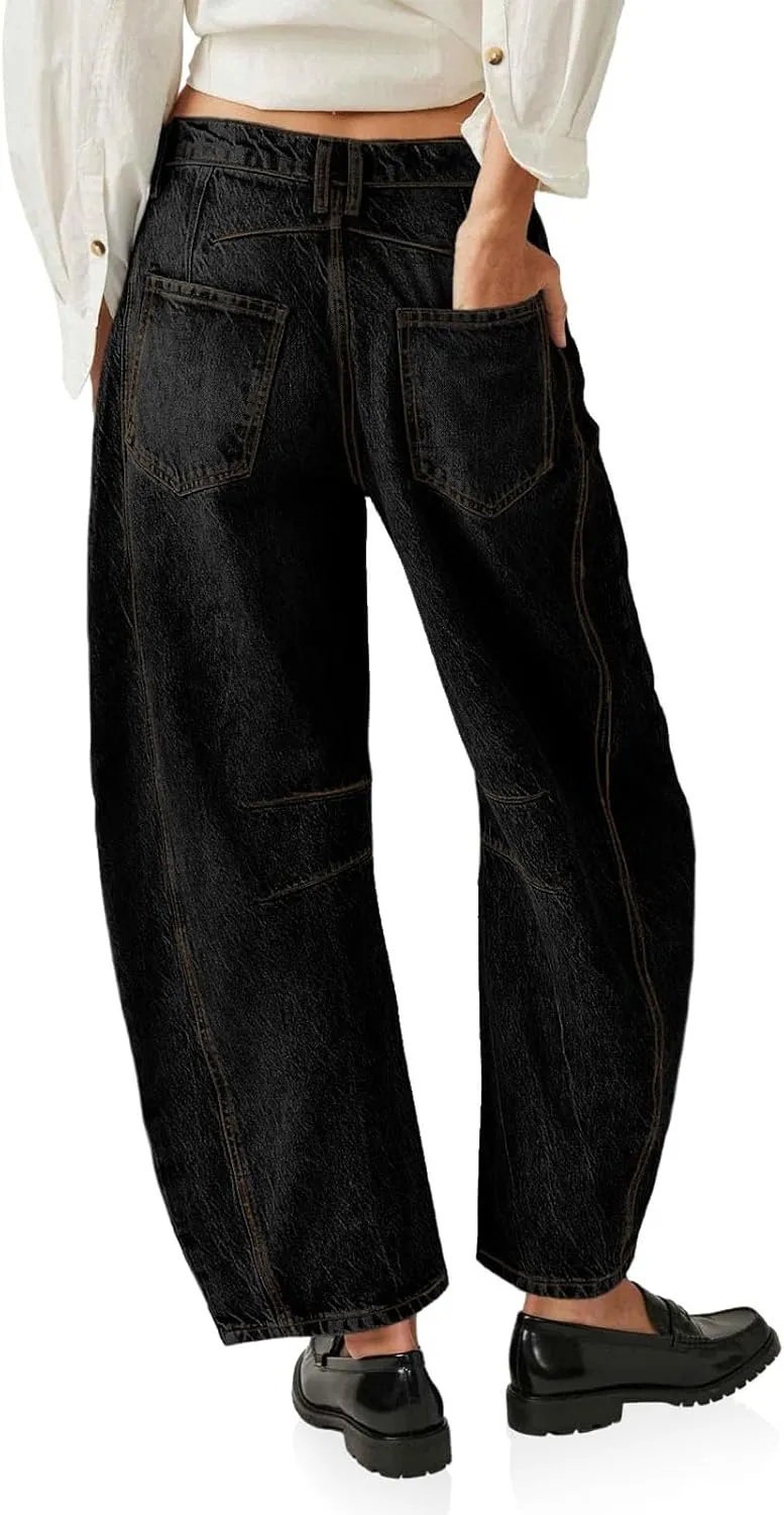 Womens Jeans Loose Vintage Capri Pants Wide Leg Mid Rise Barrel Denim Ankle Pants Trendy Baggy Barrel Jeans Trousers