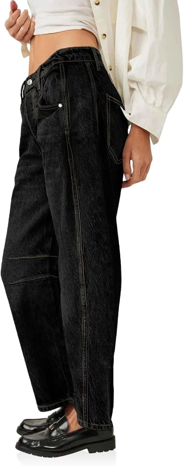 Womens Jeans Loose Vintage Capri Pants Wide Leg Mid Rise Barrel Denim Ankle Pants Trendy Baggy Barrel Jeans Trousers