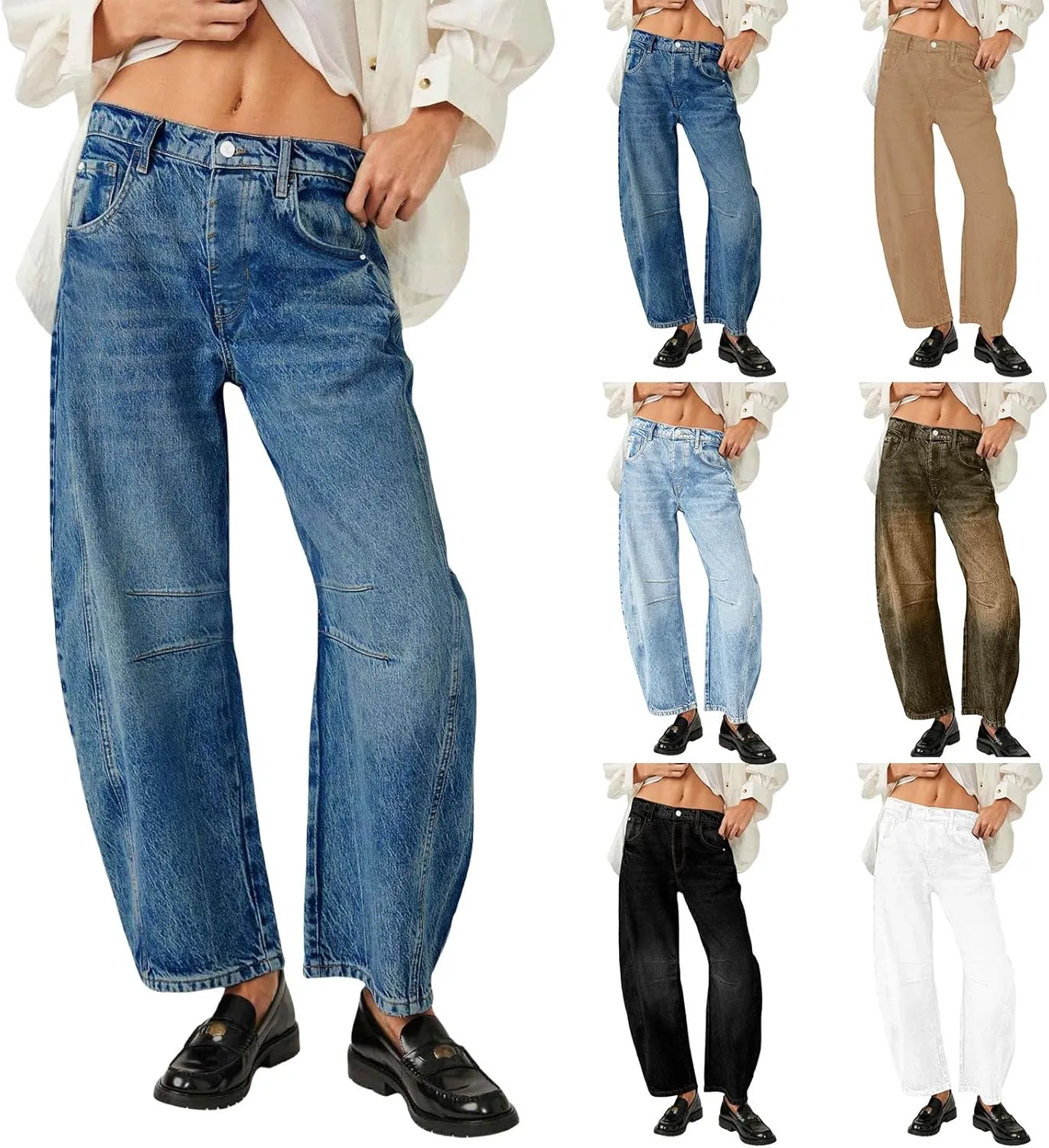 Womens Jeans Loose Vintage Capri Pants Wide Leg Mid Rise Barrel Denim Ankle Pants Trendy Baggy Barrel Jeans Trousers