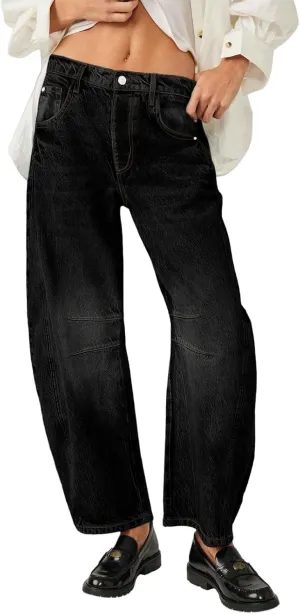 Womens Jeans Loose Vintage Capri Pants Wide Leg Mid Rise Barrel Denim Ankle Pants Trendy Baggy Barrel Jeans Trousers