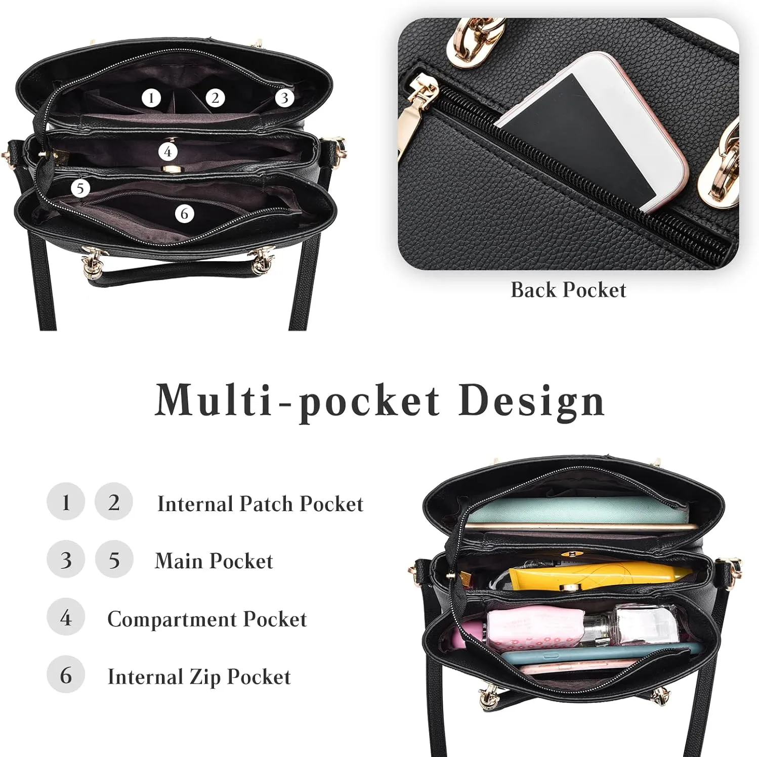 Womens Multi Pocket Handbag Top-handle Bags Shoulder Bag PU Leather