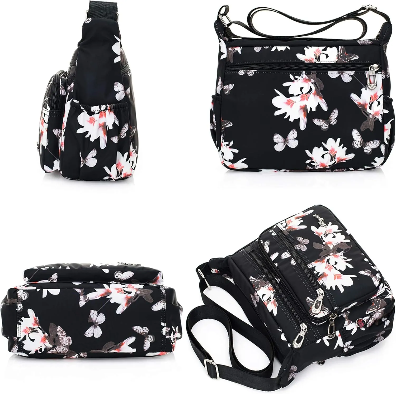 Womens Nylon Floral Shoulder Bag Crossbody Bag Messenger Bags Travel Handbags With Adjustable Strap Waterproof