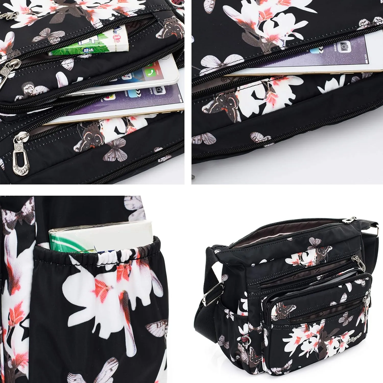 Womens Nylon Floral Shoulder Bag Crossbody Bag Messenger Bags Travel Handbags With Adjustable Strap Waterproof