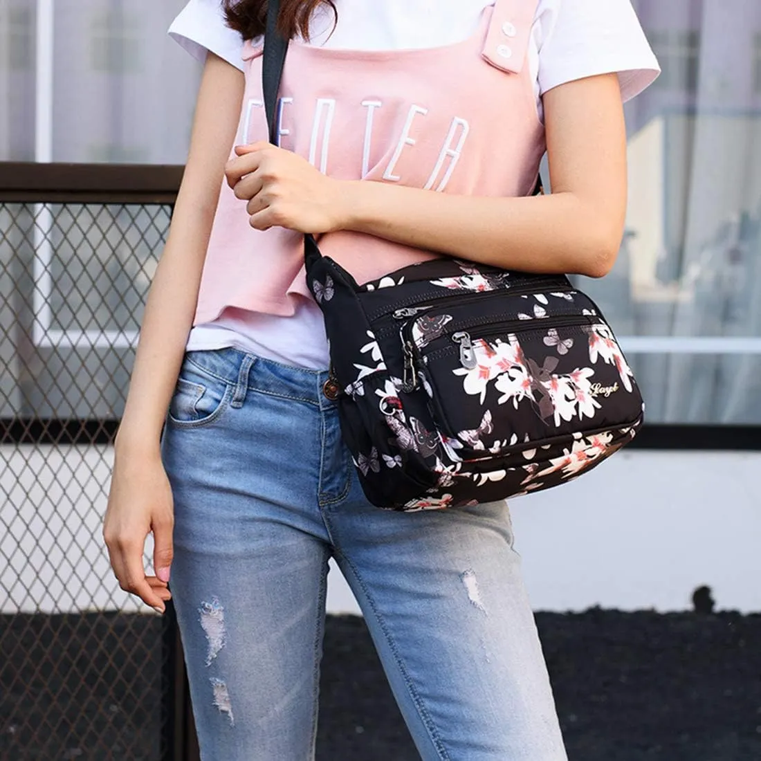 Womens Nylon Floral Shoulder Bag Crossbody Bag Messenger Bags Travel Handbags With Adjustable Strap Waterproof