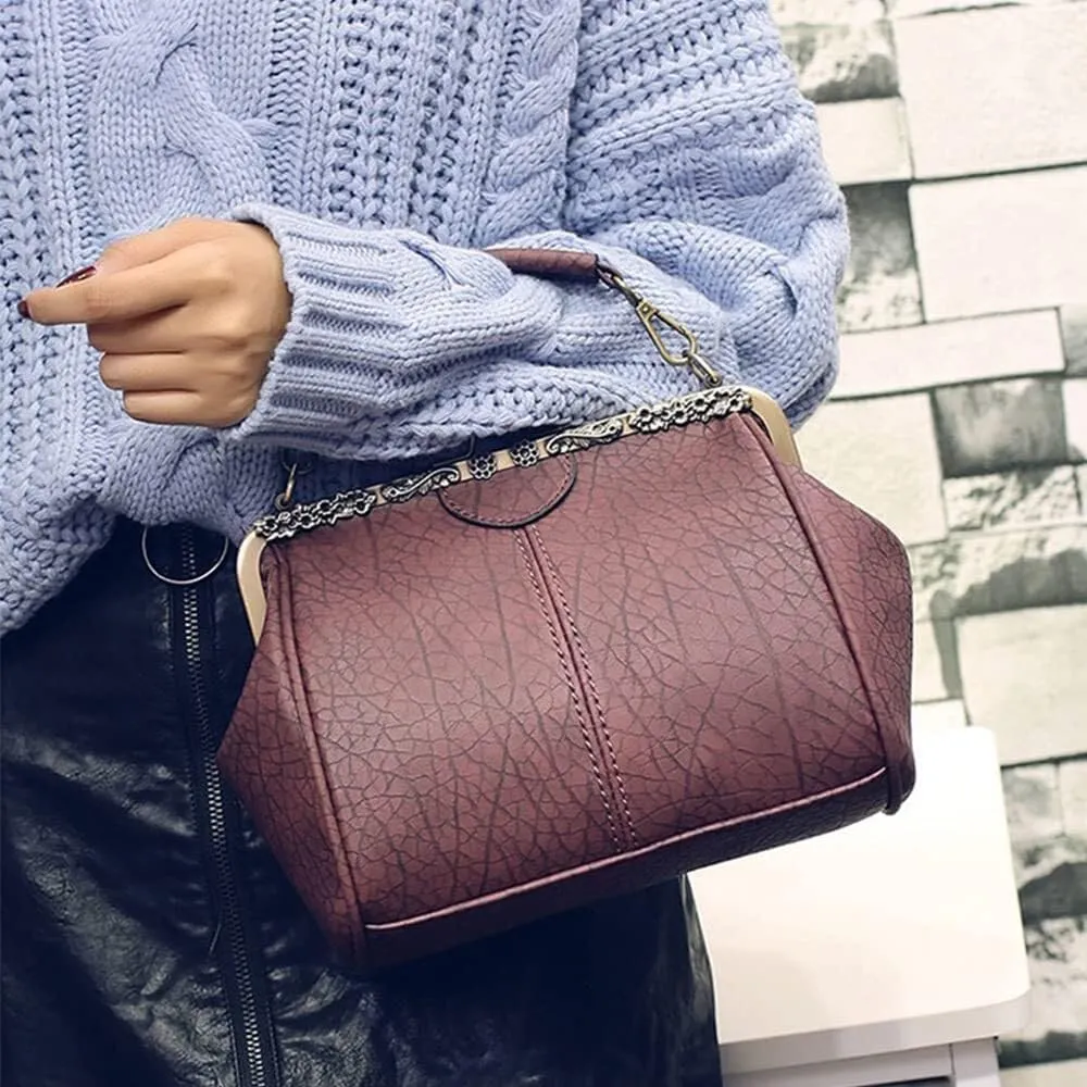 Women's Retro Handbag Shoulder Purse Graceful Tote PU Leather Crossbody Bags Satchel with Kiss Lock
