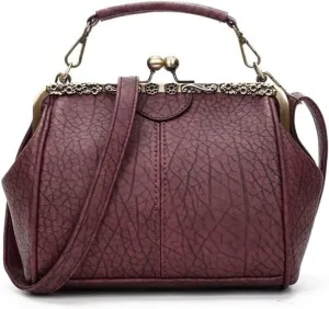 Women's Retro Handbag Shoulder Purse Graceful Tote PU Leather Crossbody Bags Satchel with Kiss Lock
