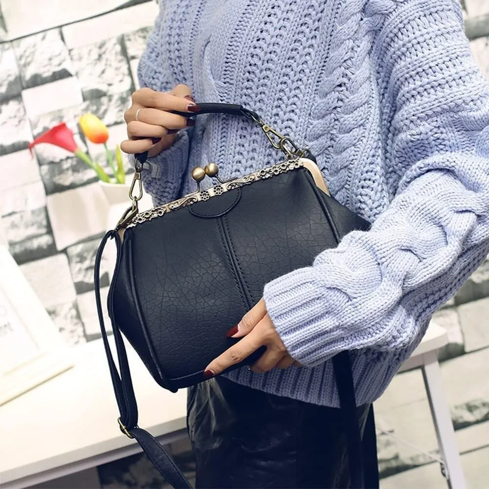 Women's Retro Handbag Shoulder Purse Graceful Tote PU Leather Crossbody Bags Satchel with Kiss Lock