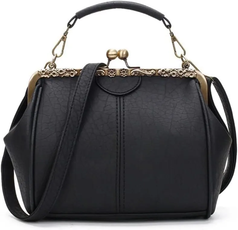 Women's Retro Handbag Shoulder Purse Graceful Tote PU Leather Crossbody Bags Satchel with Kiss Lock
