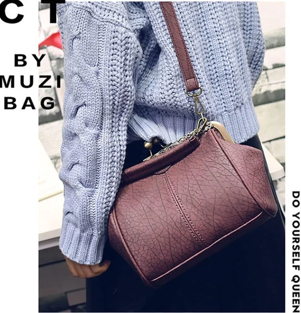 Women's Retro Handbag Shoulder Purse Graceful Tote PU Leather Crossbody Bags Satchel with Kiss Lock