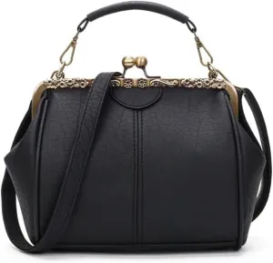 Women's Retro Handbag Shoulder Purse Graceful Tote PU Leather Crossbody Bags Satchel with Kiss Lock