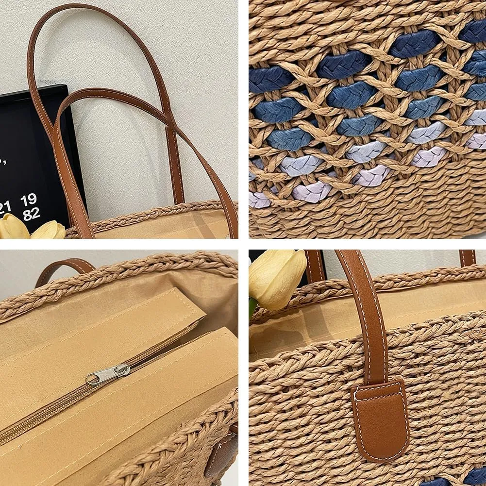 Women’s Tote Bag Straw Beach Shoulder Handbag Fashion Purse 2025 Summer Vacation Travel Woven Top Handle Bag